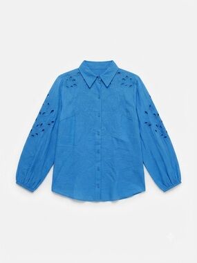 ⁠LOGO Lavish Blue Embroidered Eyelet Button Down Shirt Blouse Womens XS Boho⁠
